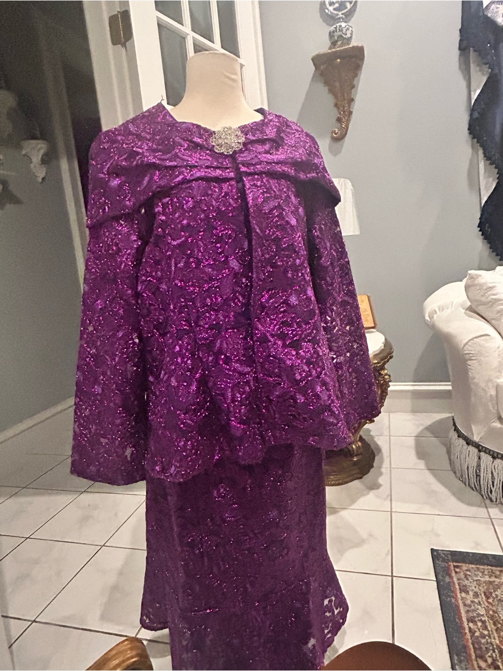 3 piece Women's Purple Lace Jacket with Decorative Brooch, Aline skirt andblouse